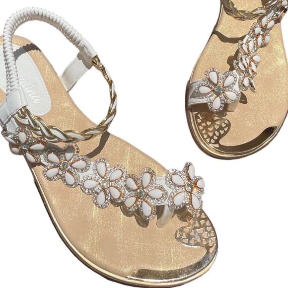 Italina Atalina White & Braided Gold Embellished Between The Toe Floral Sandal - Picture 2 of 8